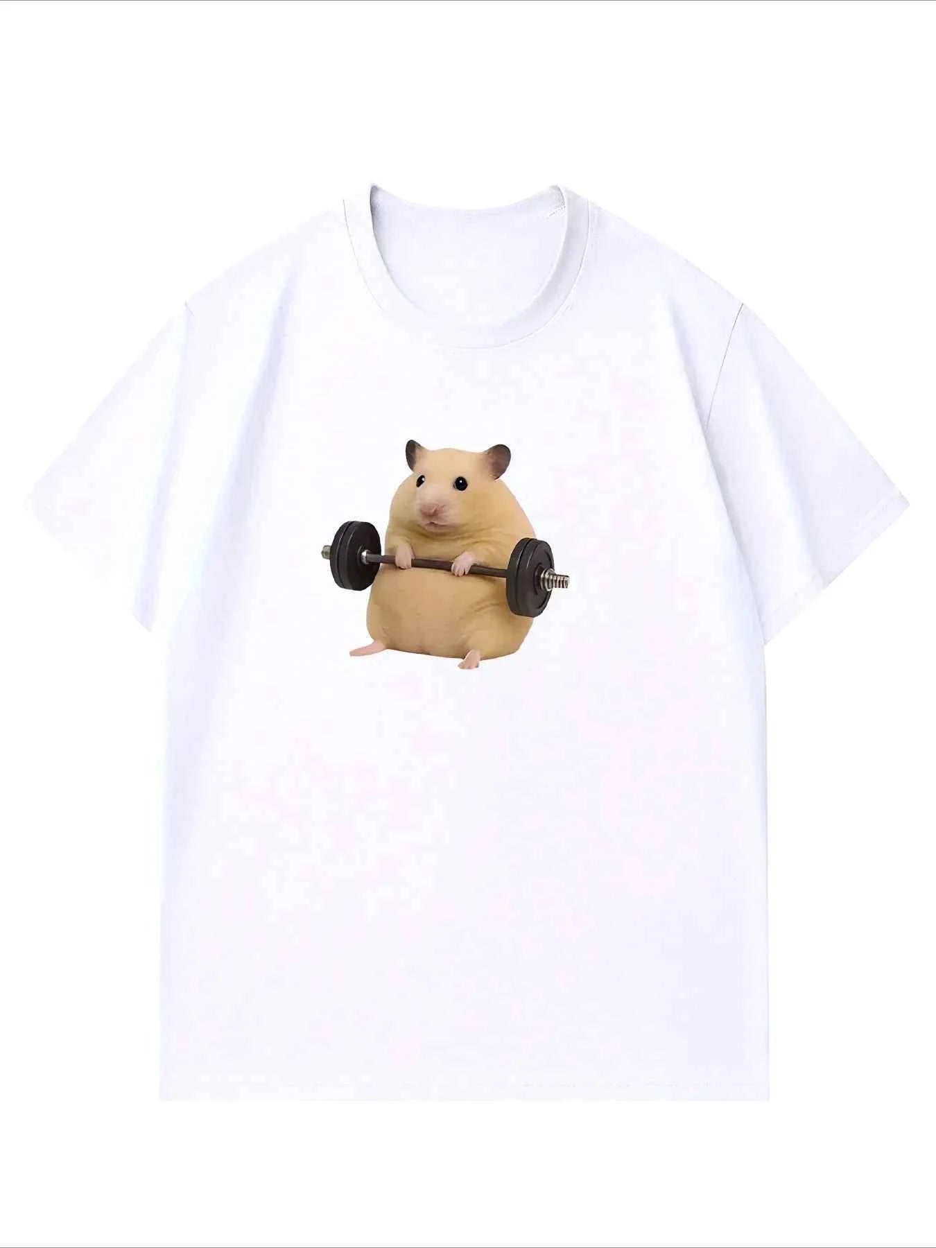 Women's Light Green Hamster Lifting Weights Graphic Harajuku Short Sleeve Casual Meme T-shirt Clothing Street Aesthetic Clothes