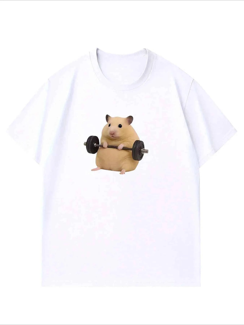 Women's Light Green Hamster Lifting Weights Graphic Harajuku Short Sleeve Casual Meme T-shirt Clothing Street Aesthetic Clothes
