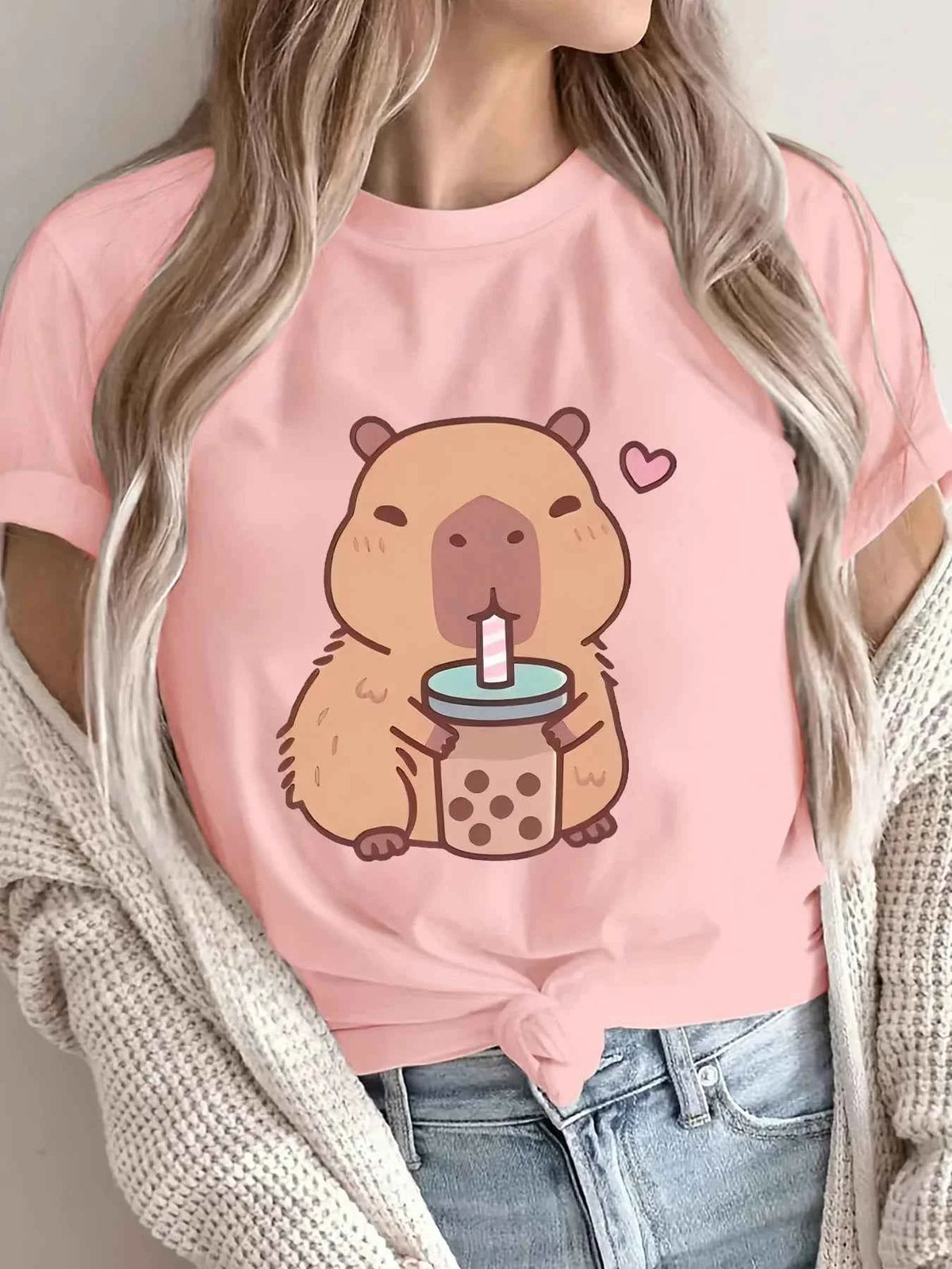 Women's Cute Capybara Boba Tee - Casual Short Sleeve Round Neck Polyester Knit Machine Washable Capybara T Shirt