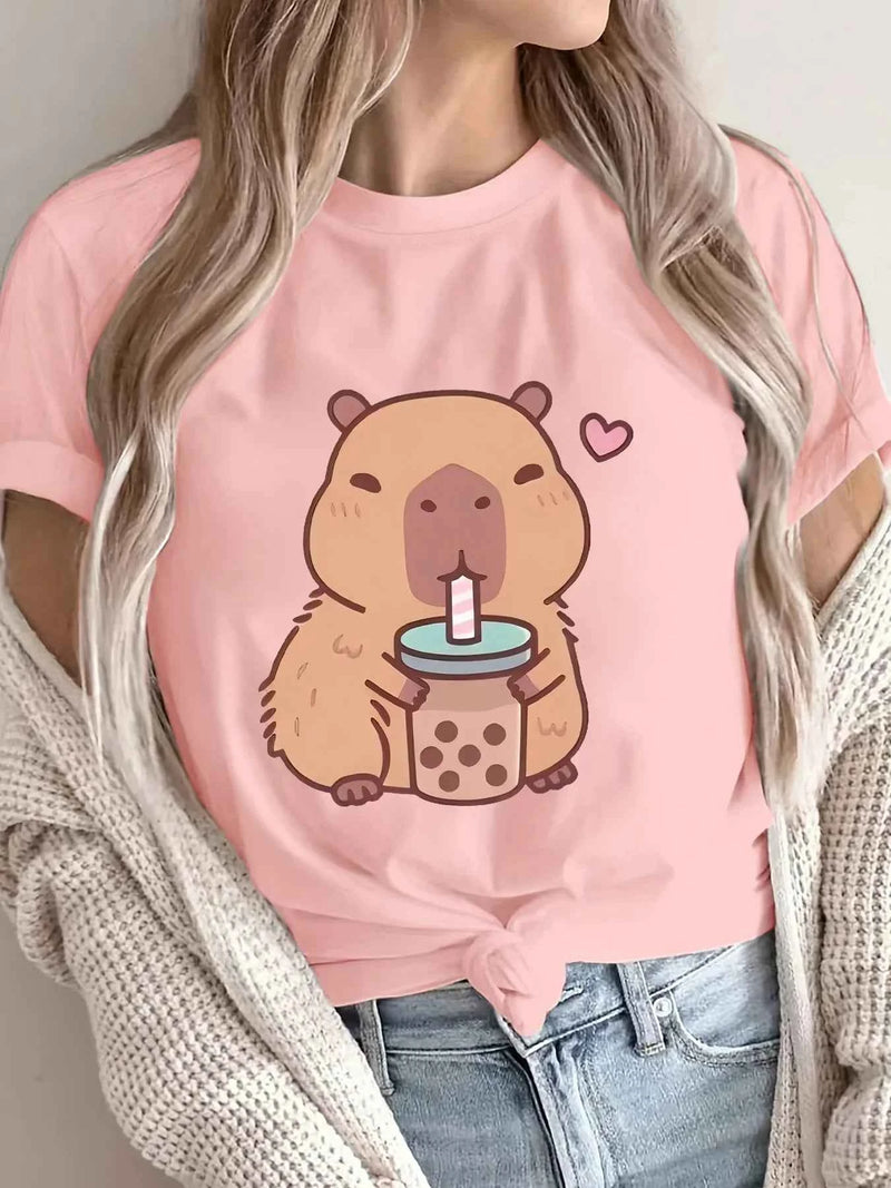 Women's Cute Capybara Boba Tee - Casual Short Sleeve Round Neck Polyester Knit Machine Washable Capybara T Shirt