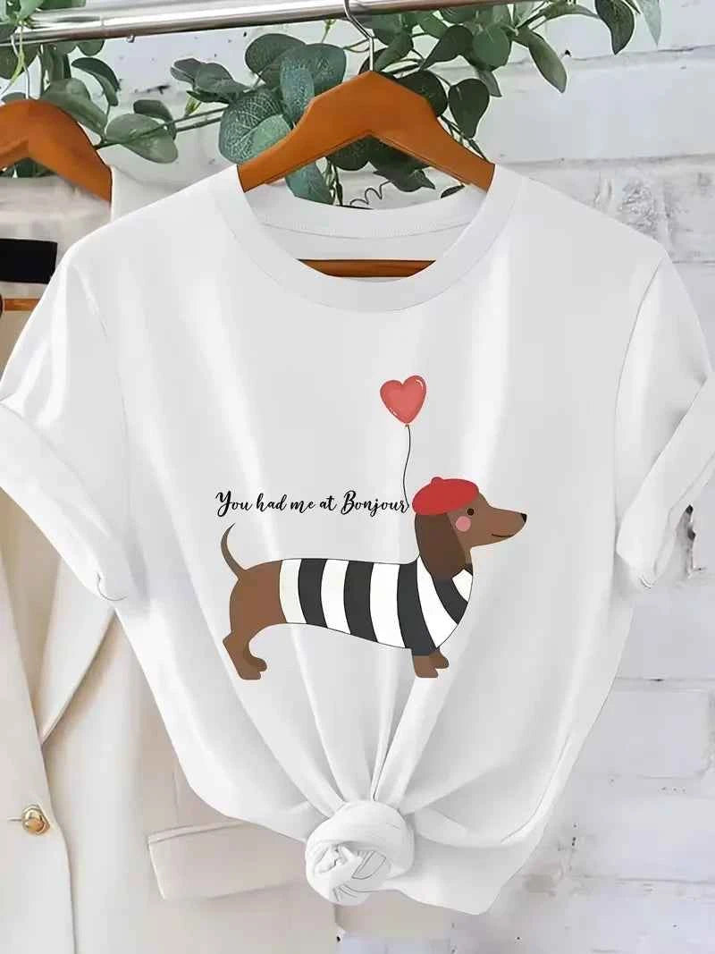 French Style Dachshund T-Shirt Funny Animal Graphic Tee You Had Me At Bonjour Slogan Streetwear Casual Loose Summer Top Unisex