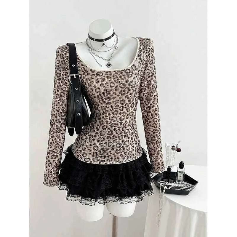Benuynffy Leopard Print Scoop Neck Sequins T Shirt Women Spring Summer Fashion Long Sleeve Sexy Backless Lace Party Tops Tee