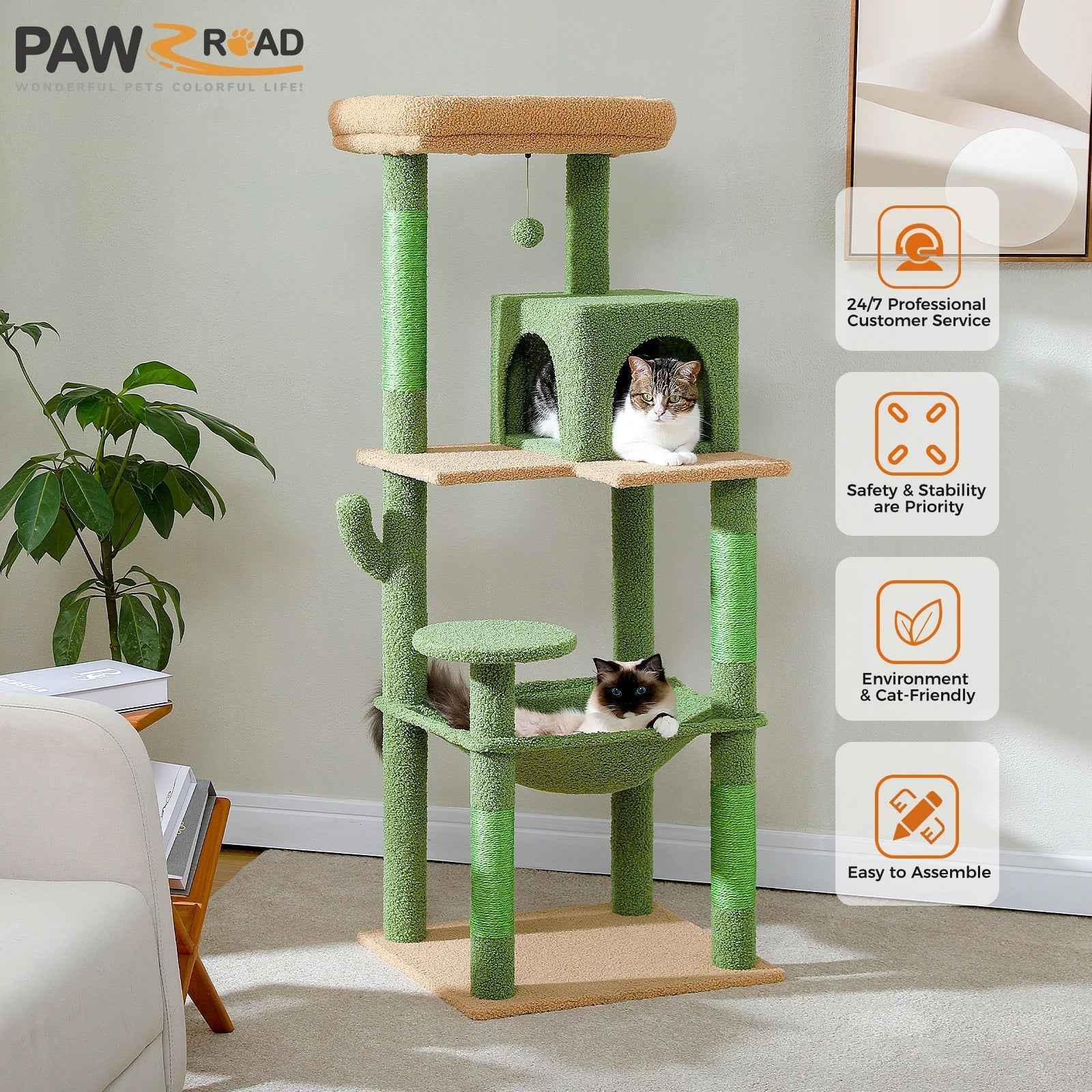 PAWZ Road Cactus Cat Tree Tower for Large Cats - Green 56"