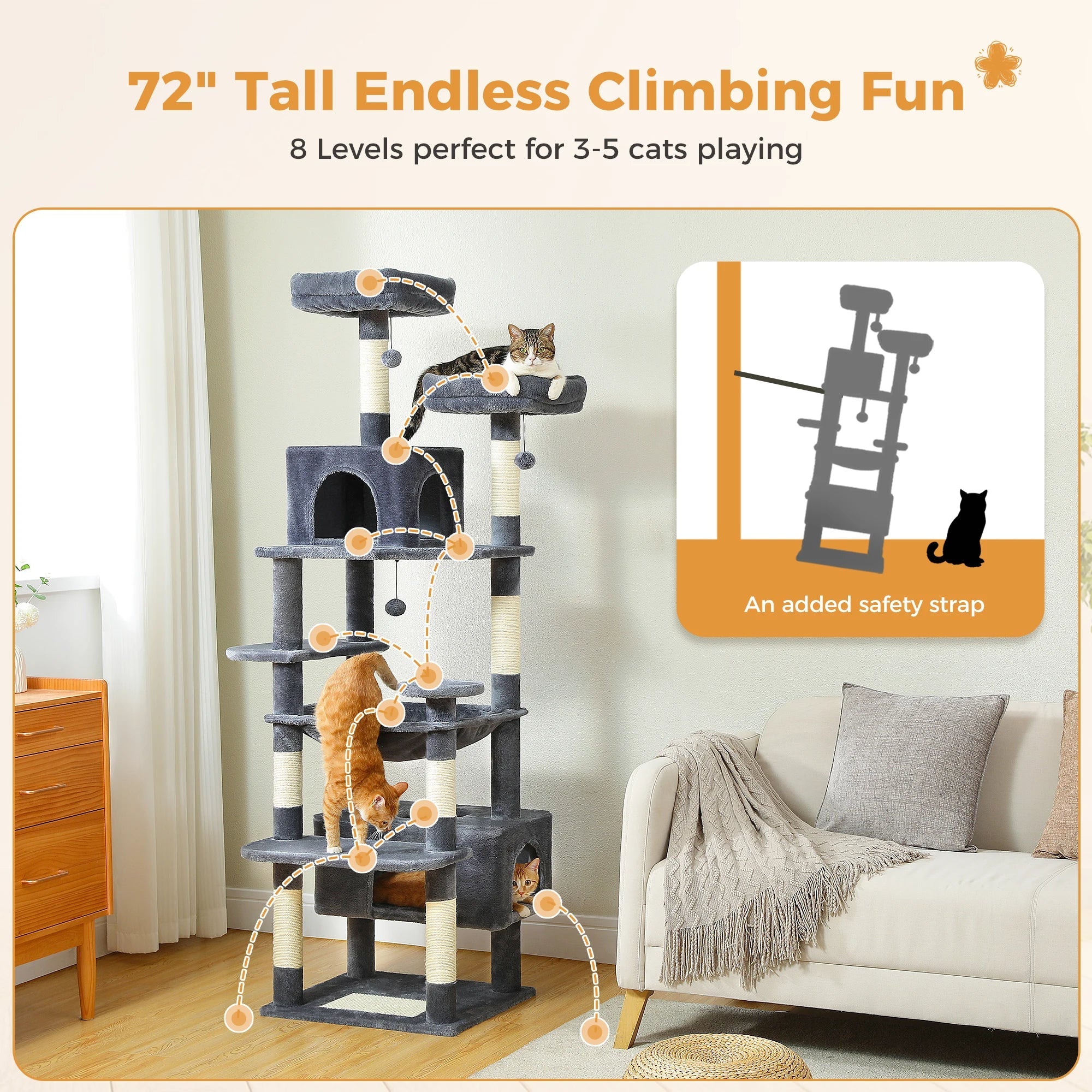 Pequlti 72" Multi-Level Cat Tree Tower with Condo & Hammock