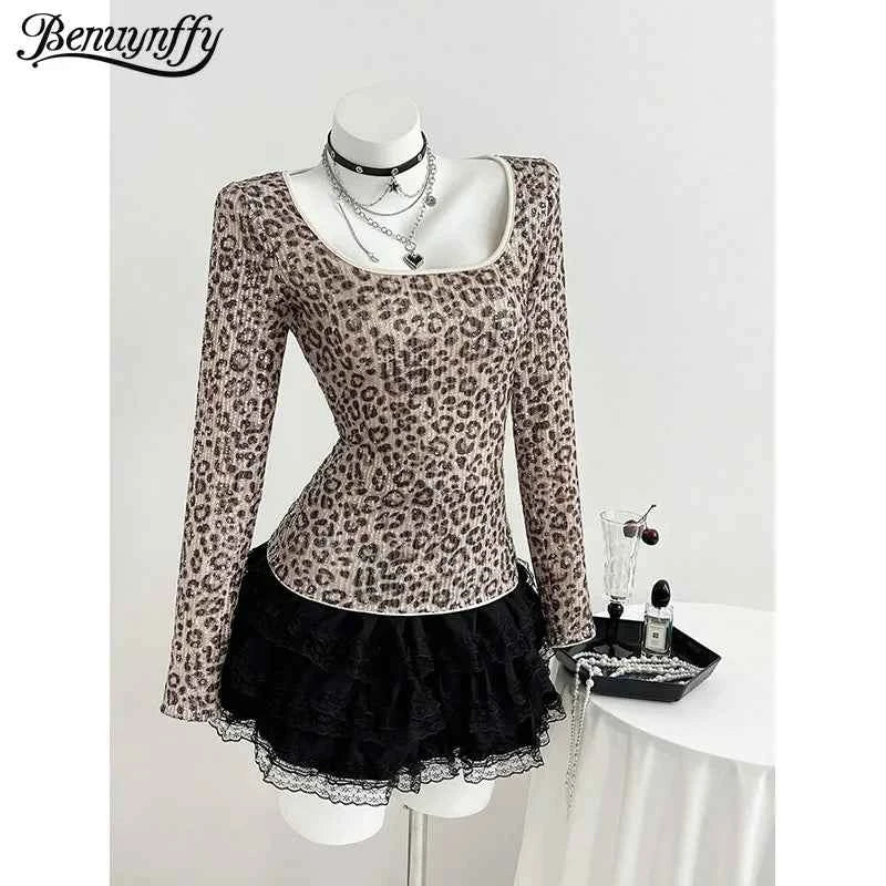 Benuynffy Leopard Print Scoop Neck Sequins T Shirt Women Spring Summer Fashion Long Sleeve Sexy Backless Lace Party Tops Tee