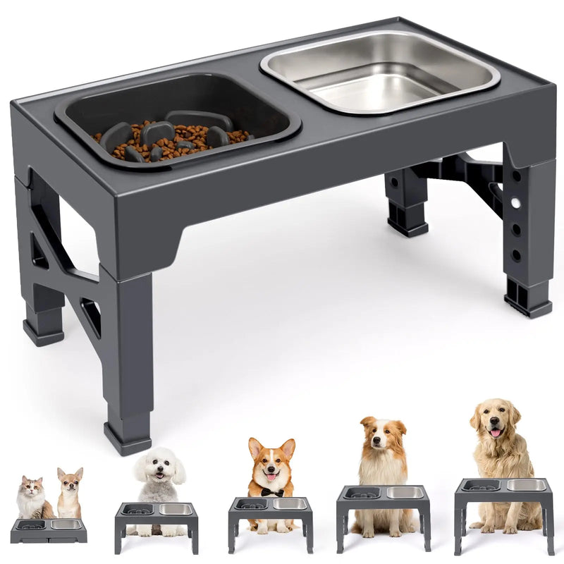 Elevated Slow Feeder Dog Bowls - 5 Heights Adjustable Stand