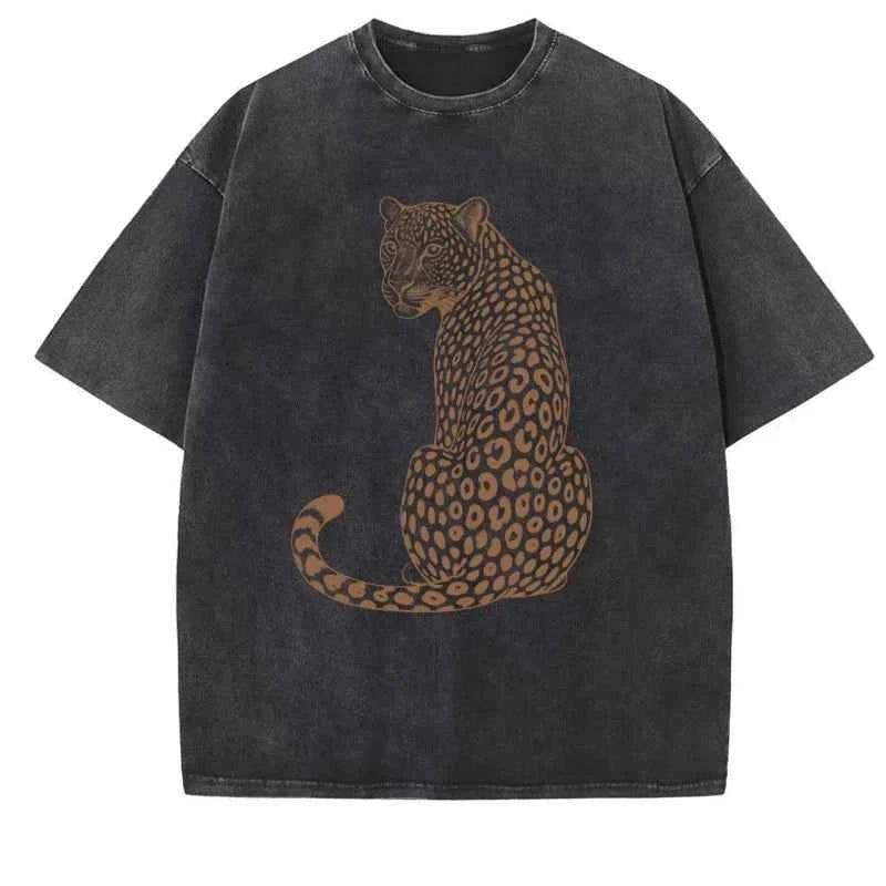 Leopard Tiger T-Shirt Vintage Washed Unisex Boho Animal T Shirt Men Women Nature Lover Tee Casual Round Neck Tops