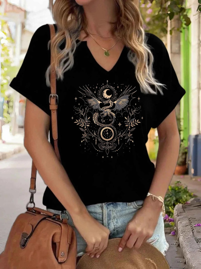 Women's V-Neck "Celestial Dragon & Moon" Graphic Tee, Mystical Floral Print T-Shirt, Casual Short Sleeve Boho Top
