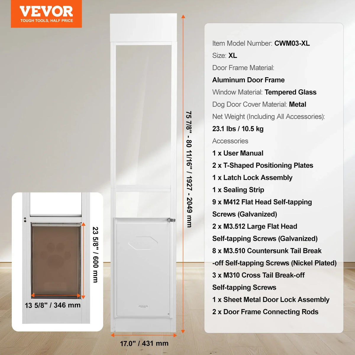 SucceBuy Sliding Glass Pet Door - Adjustable 76-81" Aluminum Frame