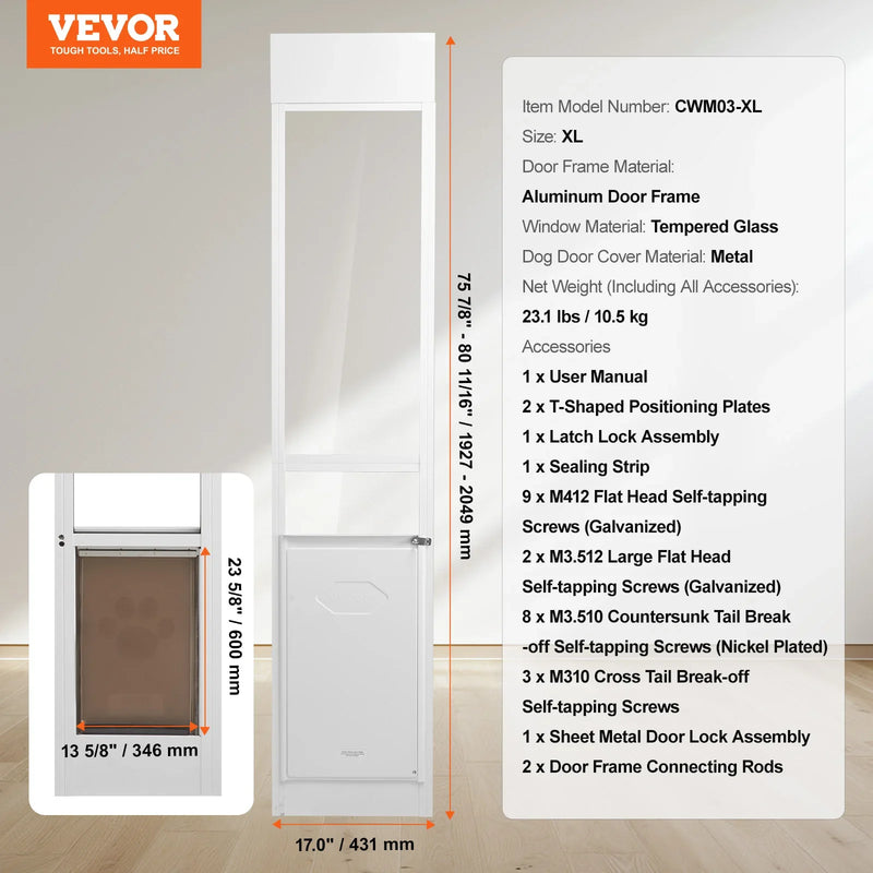 SucceBuy Sliding Glass Pet Door - Adjustable 76-81" Aluminum Frame
