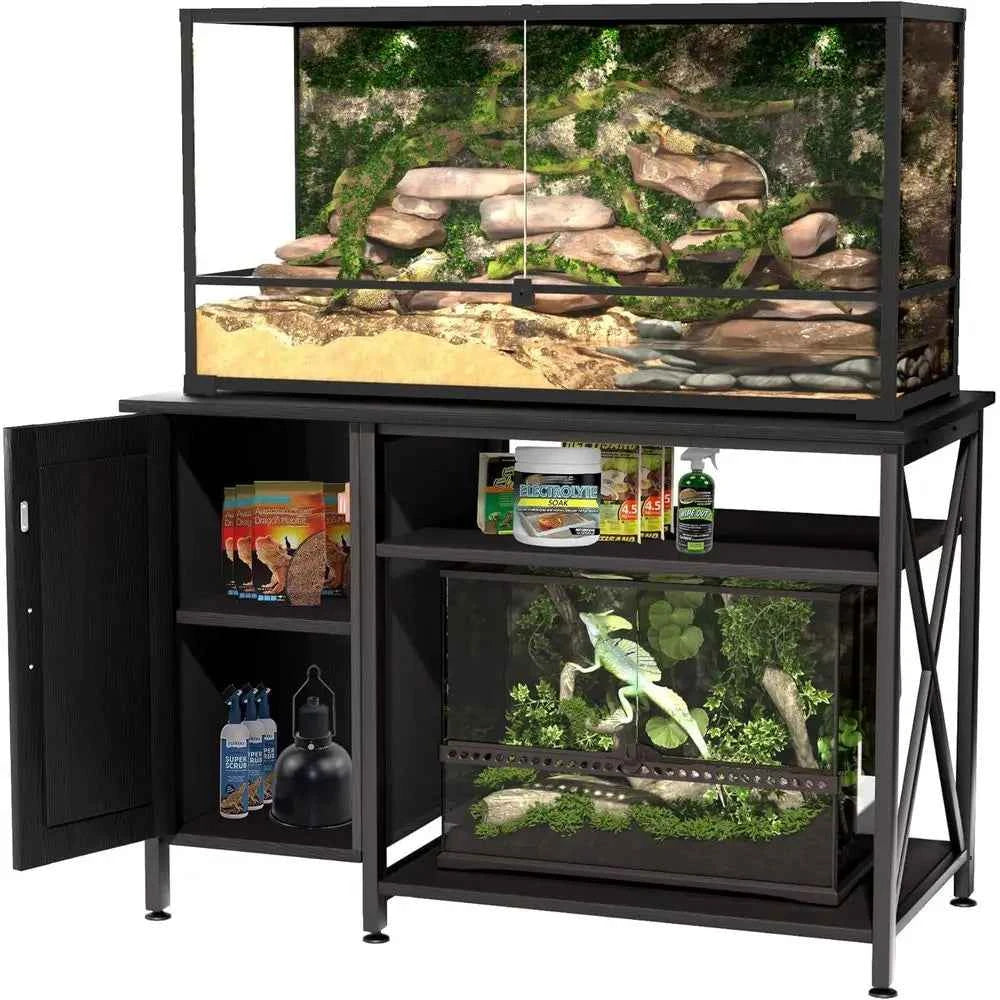 40-120 Gallon Black Reptile Tank Stand with Storage and Power Outlet, 48x24 Tabletop