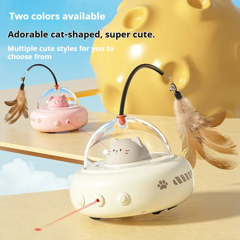 UFO 3-in-1 Automatic Interactive Cat Toy, Laser + Feather + Smart Obstacle Avoidance, USB Rechargeable
