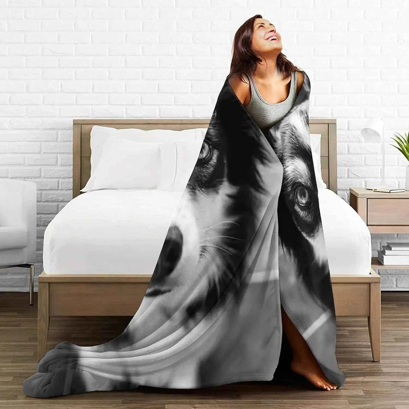 Australian Shepherd Dog Face Blanket Black White Print Soft Fleece Throw Pet Lover Gift Home Decor Cozy Bedding Accessory