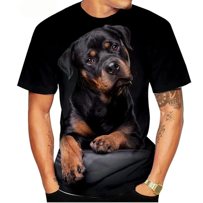 Cute Pet Dog Summer Men's T-Shirt 3D Rottweiler Fashion Print Short Sleeve Outdoor Casual Tee Loose Comfortable Men's Clothing