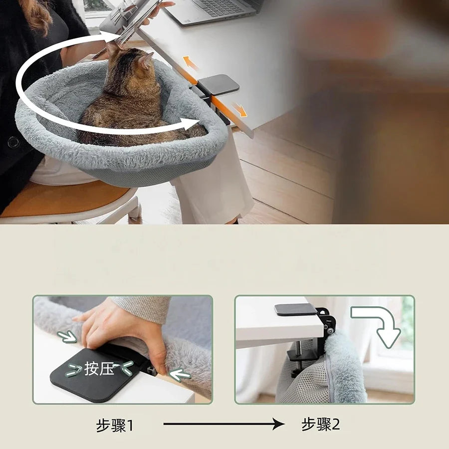 Cat Desk Bed One-Click Folding Sunken Design Space-Saving Semi-Circular Cat Desk Hammock Perch For Home Office Indoor Cats