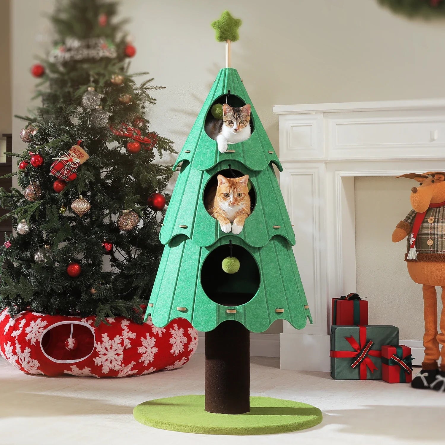 PAWZ Road Christmas Cat Tree Tower - 3 Condos Green/White 135cm