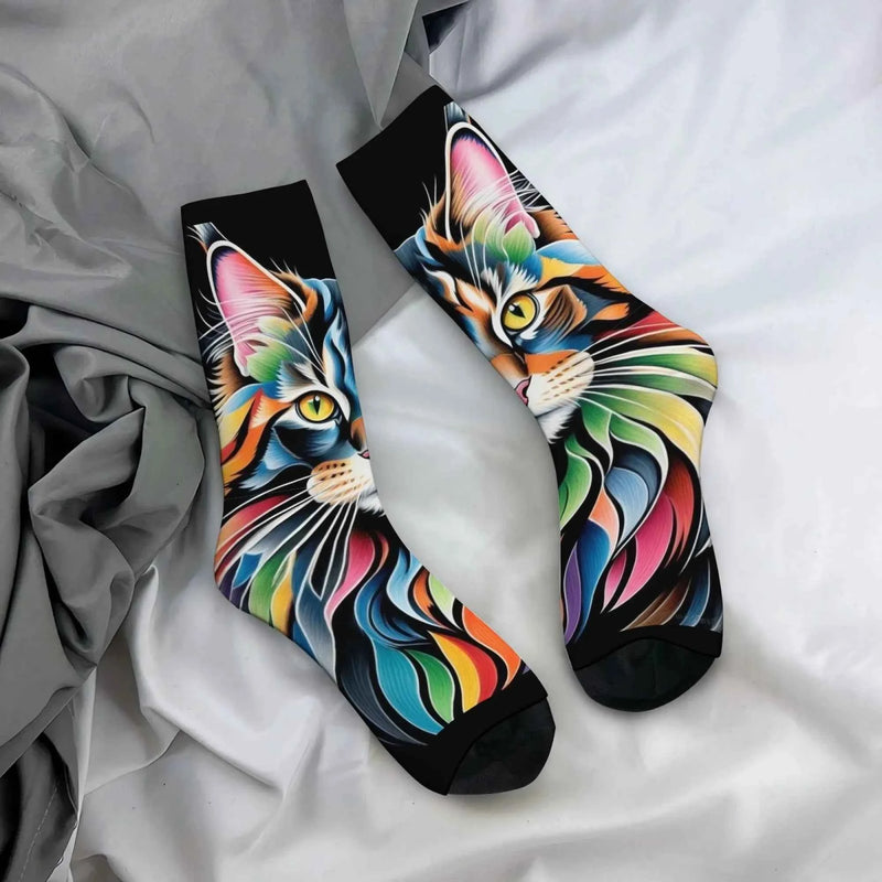 Rainbow Maine Coon Cat Themed Men's Mid-Calf Socks Non-Slip Skin-Friendly Soft Funny Stylish Streetwear Outdoor Skateboard Socks