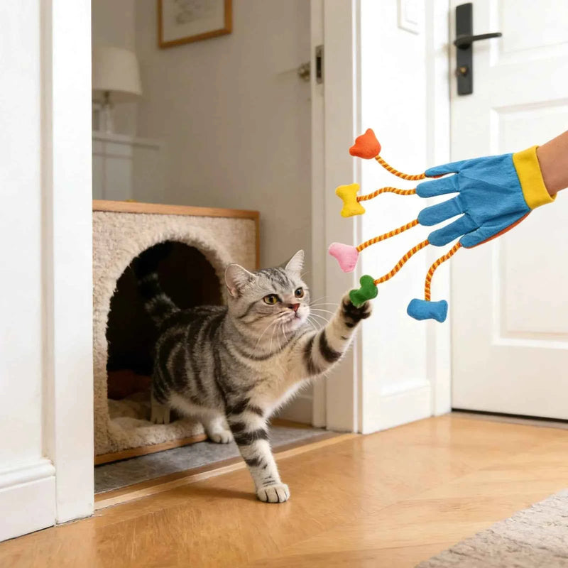 Cats Interactive Toys Funny Play Glove Toys Stuffed Plush Teaser Mitts with Built-In Bell Five- Scratch Teasing Indoor Cats Toy