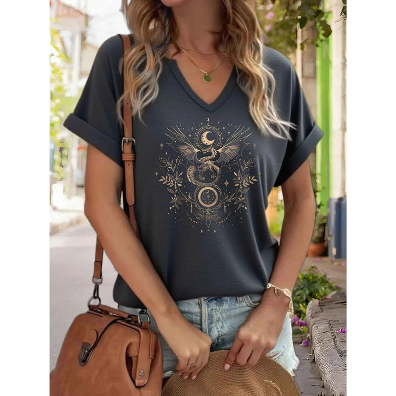 Women's V-Neck "Celestial Dragon & Moon" Graphic Tee, Mystical Floral Print T-Shirt, Casual Short Sleeve Boho Top