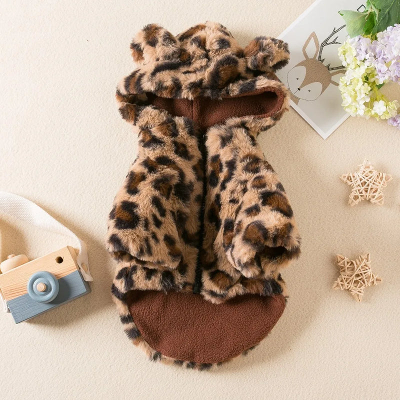 Fashion Leopard Print Dog Clothes Warm Fleece Thickened Dog Coat Jacket Teddy Pet Padded Coat Cat