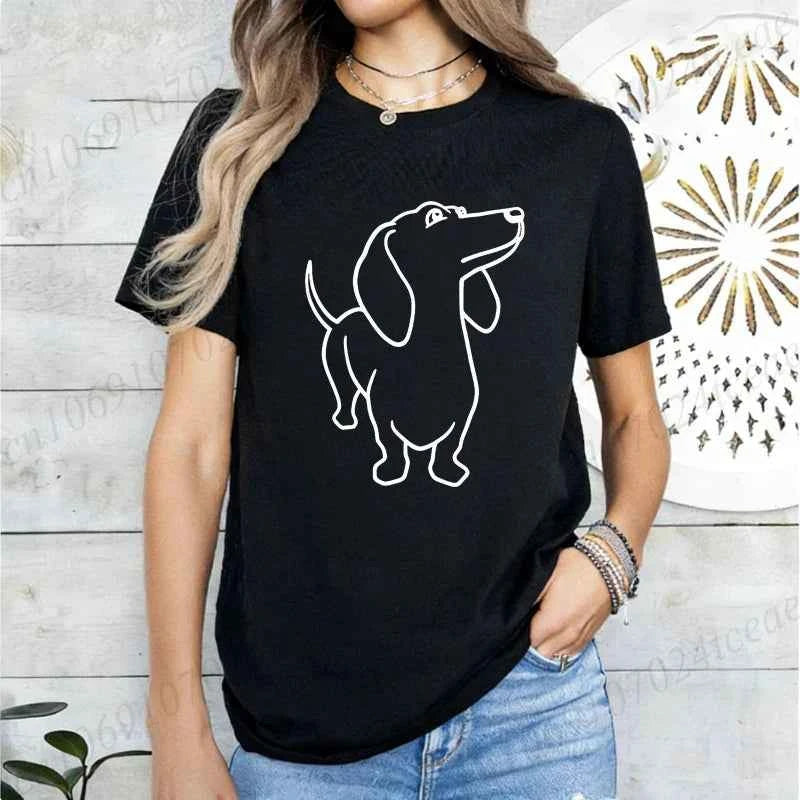 Dachshund Dog Graphic Print Women T Shirt Casual Summer Short Sleeve O Neck Loose Tees Ladies Cute Pet Animal Streetwear Tops