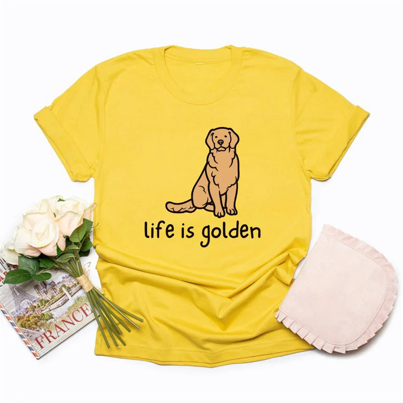 Cute Golden Retriever Dog Mom Tshirt Life Is Golden Shirt O-Neck T-shirts Casual Short Sleeve Tee English Retriever Gift Y2K Top
