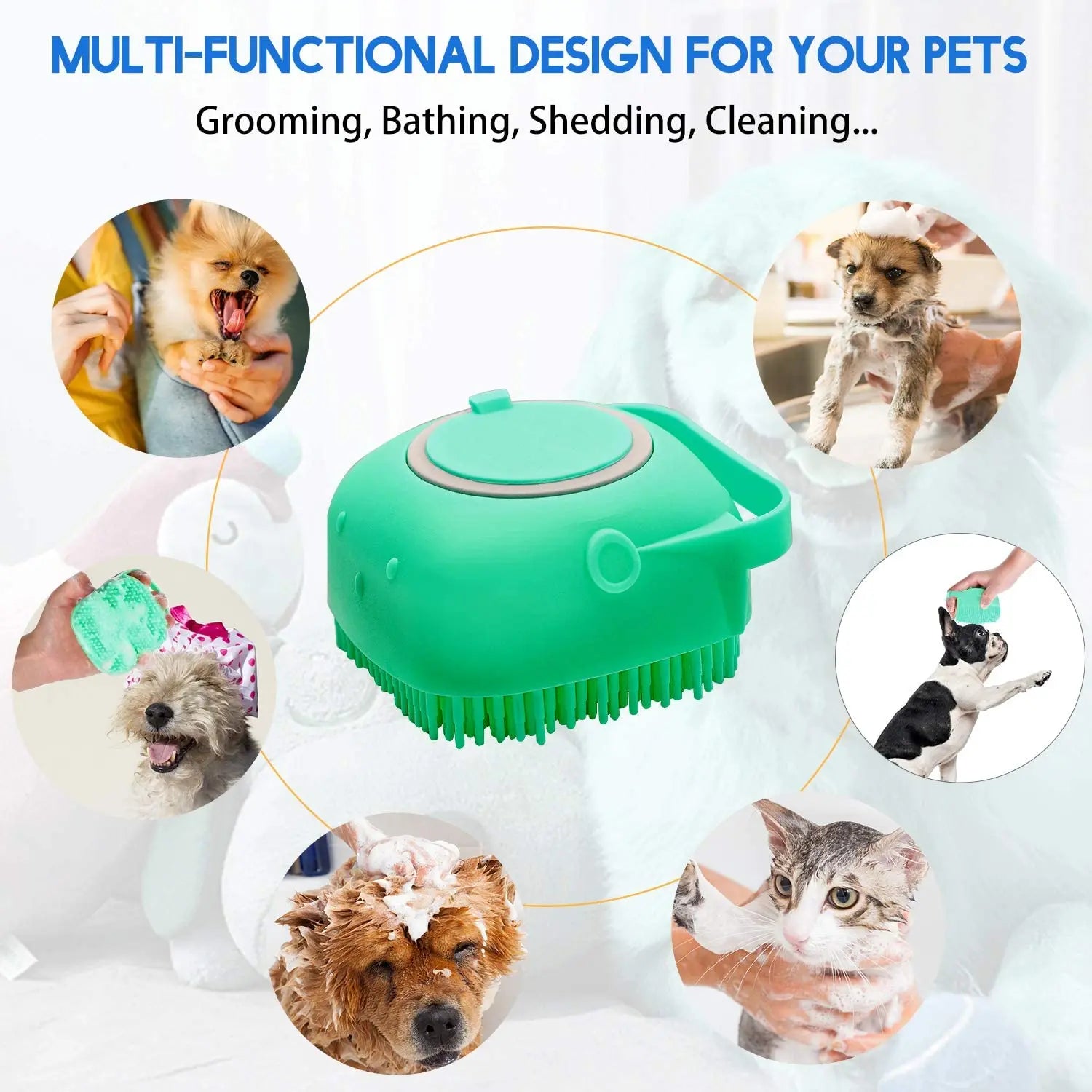 Silicone Pet Bath Brush with 80ml Shampoo Dispenser