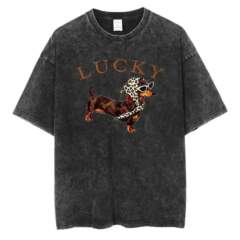Cute Dachshund Dog Graphic Washed T Shirt Women Funny Puppy Print Tee Vintage Harajuku Streetwear Casual Short Sleeve