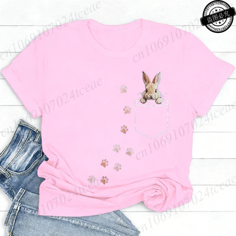 Pocket Bunny T-Shirts – Cute Rabbit Paw Prints T-Shirt Funny Bunny Graphic Tee Tops Sweet Rabbit Sitting in The Pocket Shirt