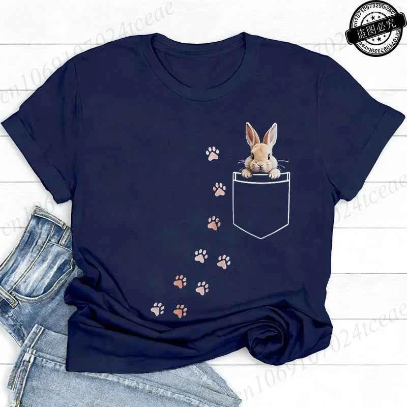 Pocket Bunny T-Shirts – Cute Rabbit Paw Prints T-Shirt Funny Bunny Graphic Tee Tops Sweet Rabbit Sitting in The Pocket Shirt