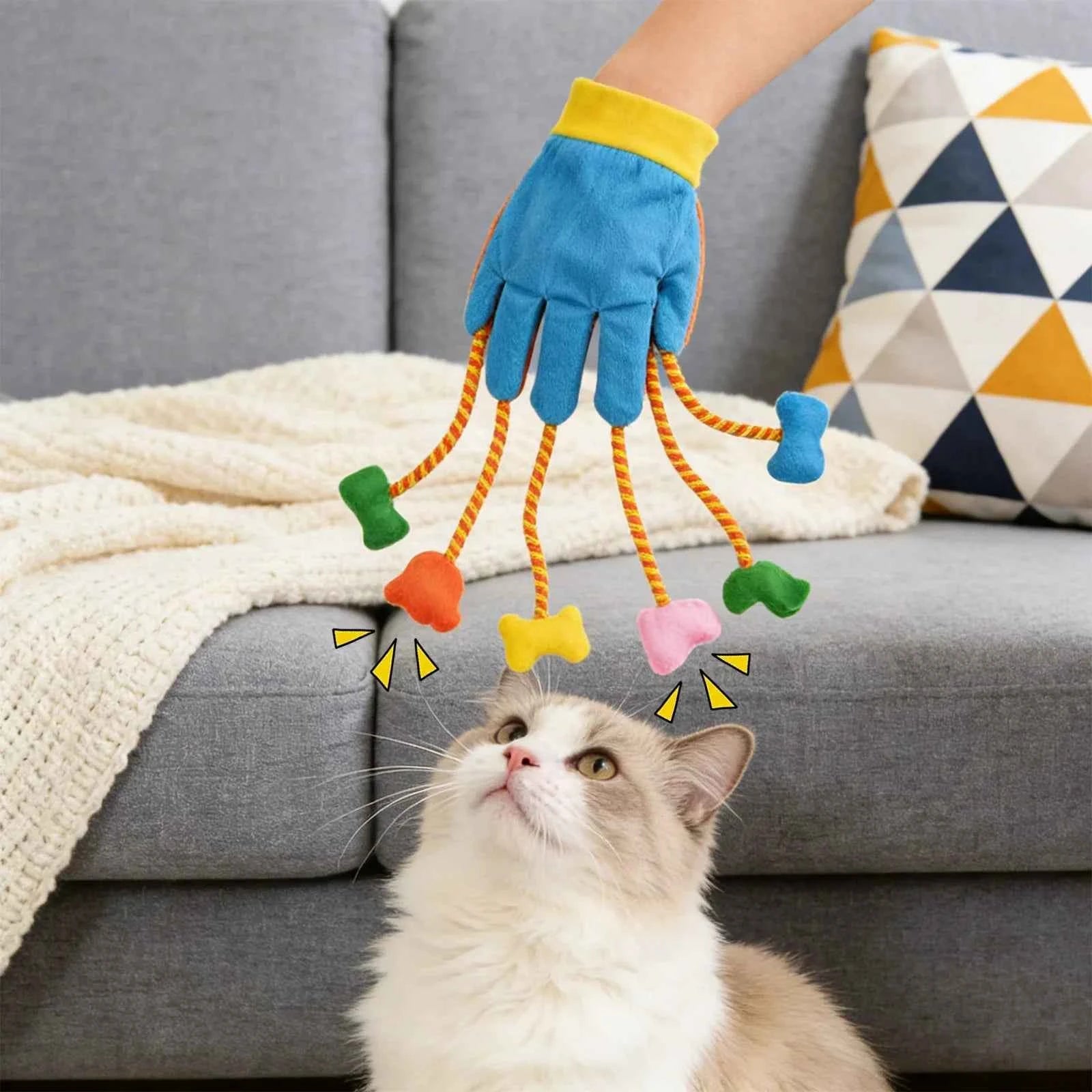 Cats Interactive Toys Funny Play Glove Toys Stuffed Plush Teaser Mitts with Built-In Bell Five- Scratch Teasing Indoor Cats Toy