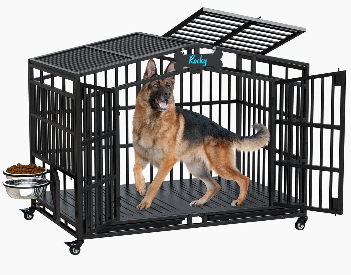 EasyCom Heavy Duty Metal Dog Crate with Bowls and Wheels