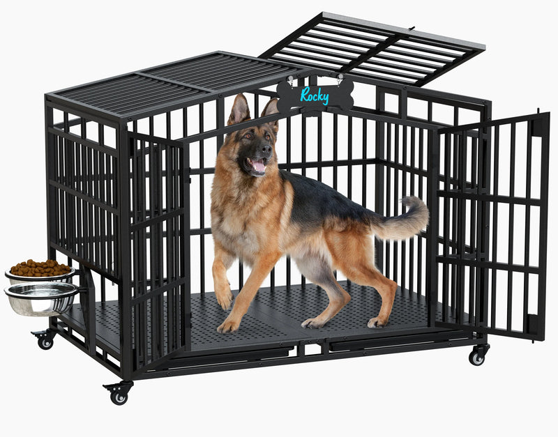 EasyCom Heavy Duty Metal Dog Crate with Bowls and Wheels