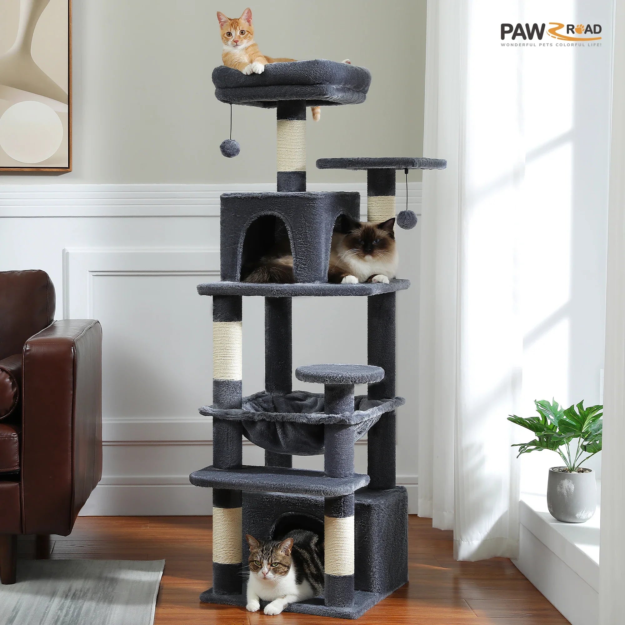 PAWZ Road Large Cat Tree Tower - 72" Multi-Level with Condo Grey