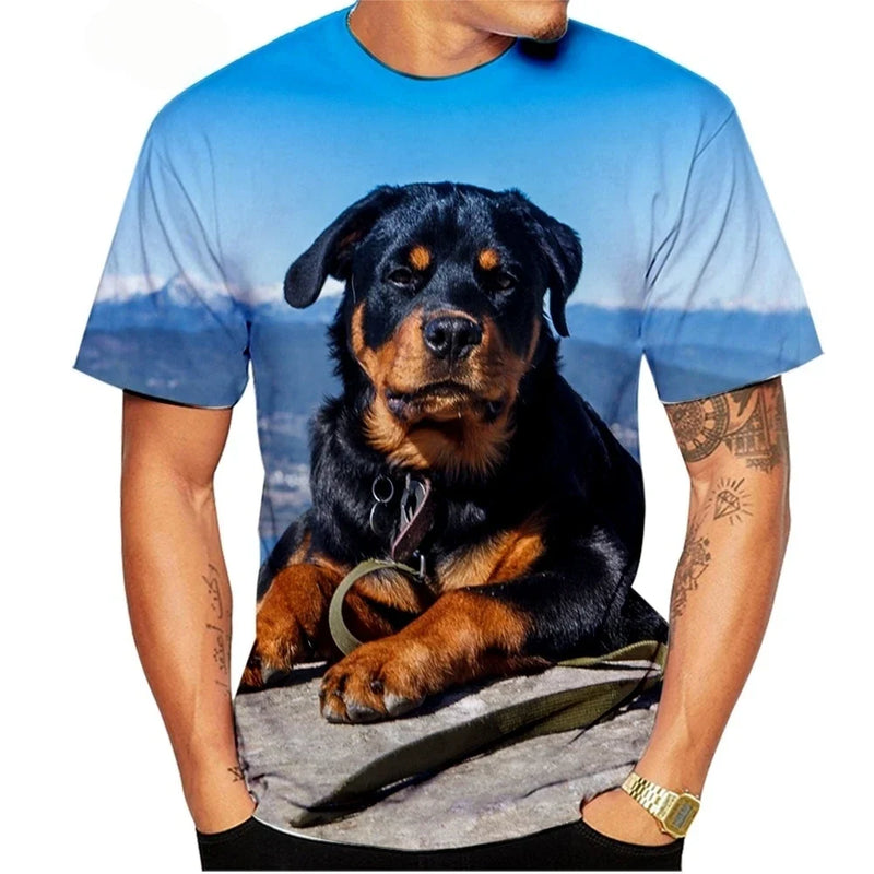 Cute Pet Dog Summer Men's T-Shirt 3D Rottweiler Fashion Print Short Sleeve Outdoor Casual Tee Loose Comfortable Men's Clothing