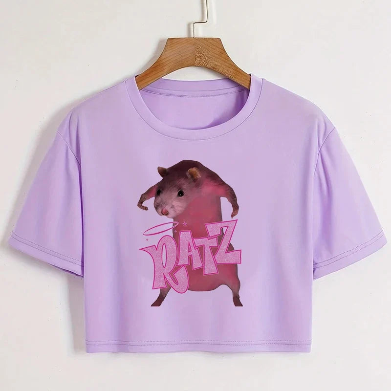 Kawaii Rat Ratz Mouse Cropped Print Crew Neck T-shirt Y2K Short Sleeve Tight Fit Crop Top Spring Summer Women's Clothing