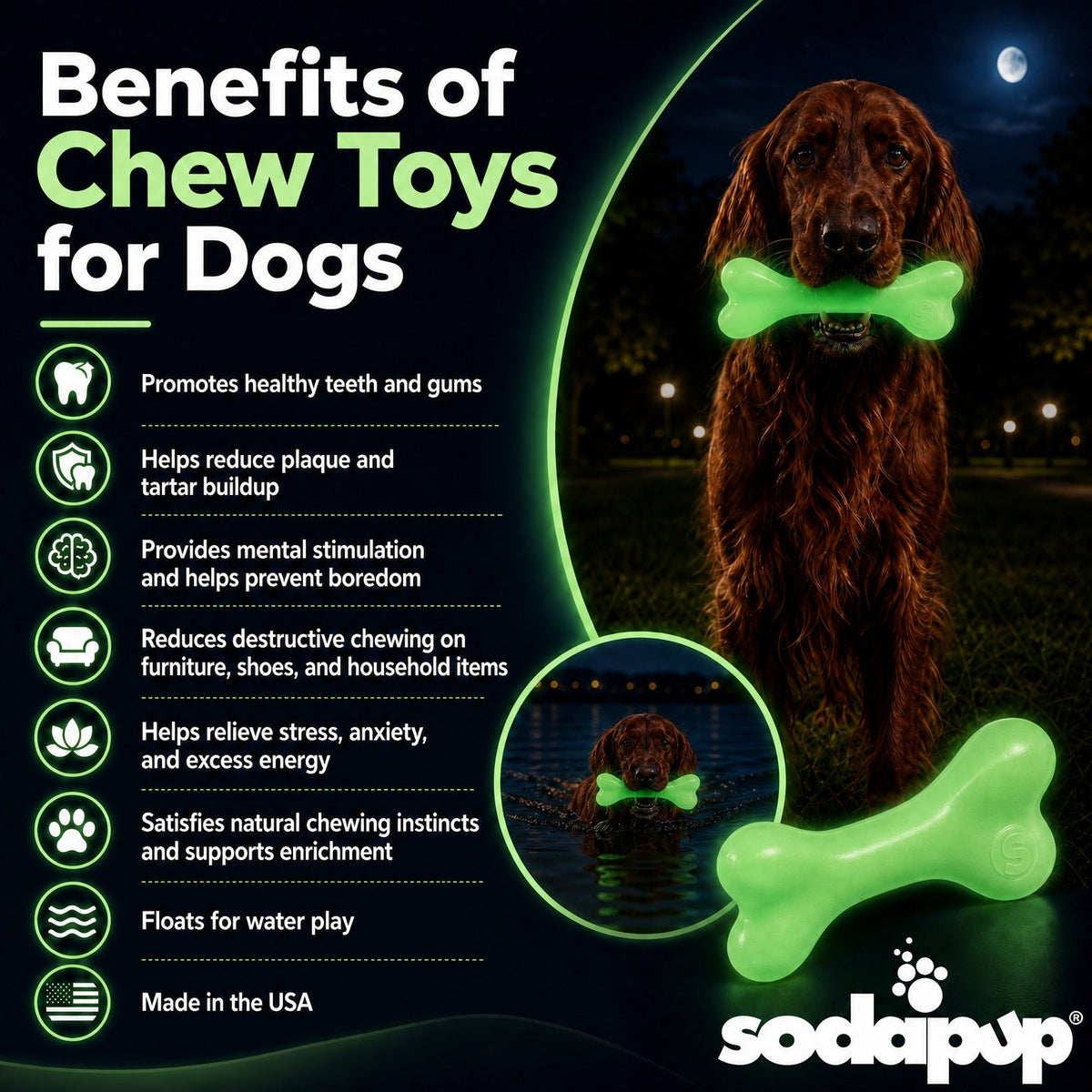 PUP-X Rubber Glow in the Dark Chew Bone Dog Toy - Durable, Floats, Chew Toy for Large Dogs | USA