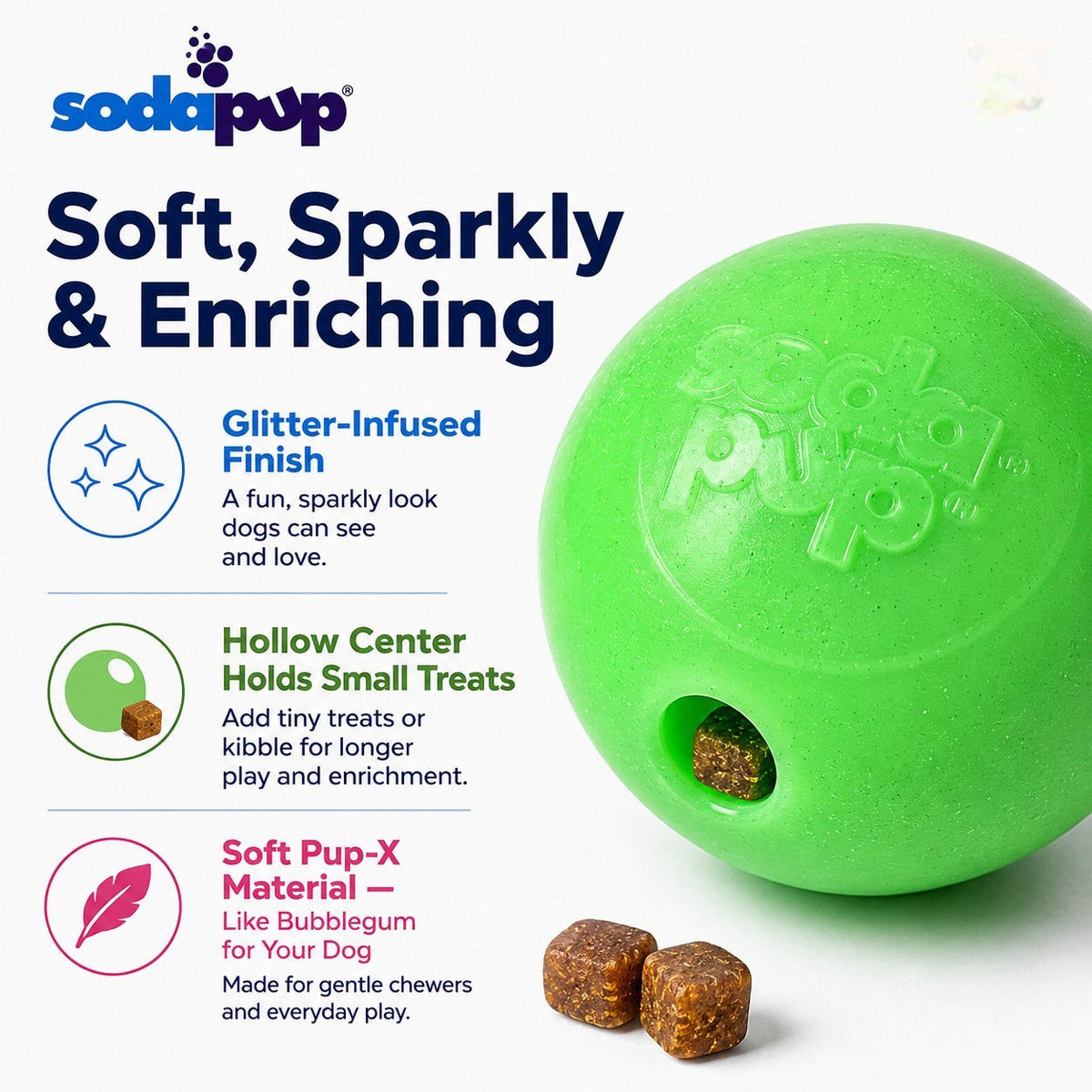 Green Glitter Ball 2-Pack Dog Toy | Soft PUP-X Rubber Floating Fetch Ball with Treat Dispenser | USA Made