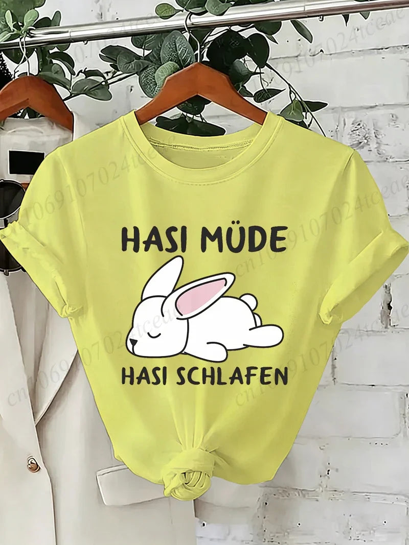 Bunny Is Tired T Shirts Lazy Bunny Graphic Tee Women Casual O Neck Short Sleeve Loose Streetwear Cute Rabbit Print T-Shirt Tops