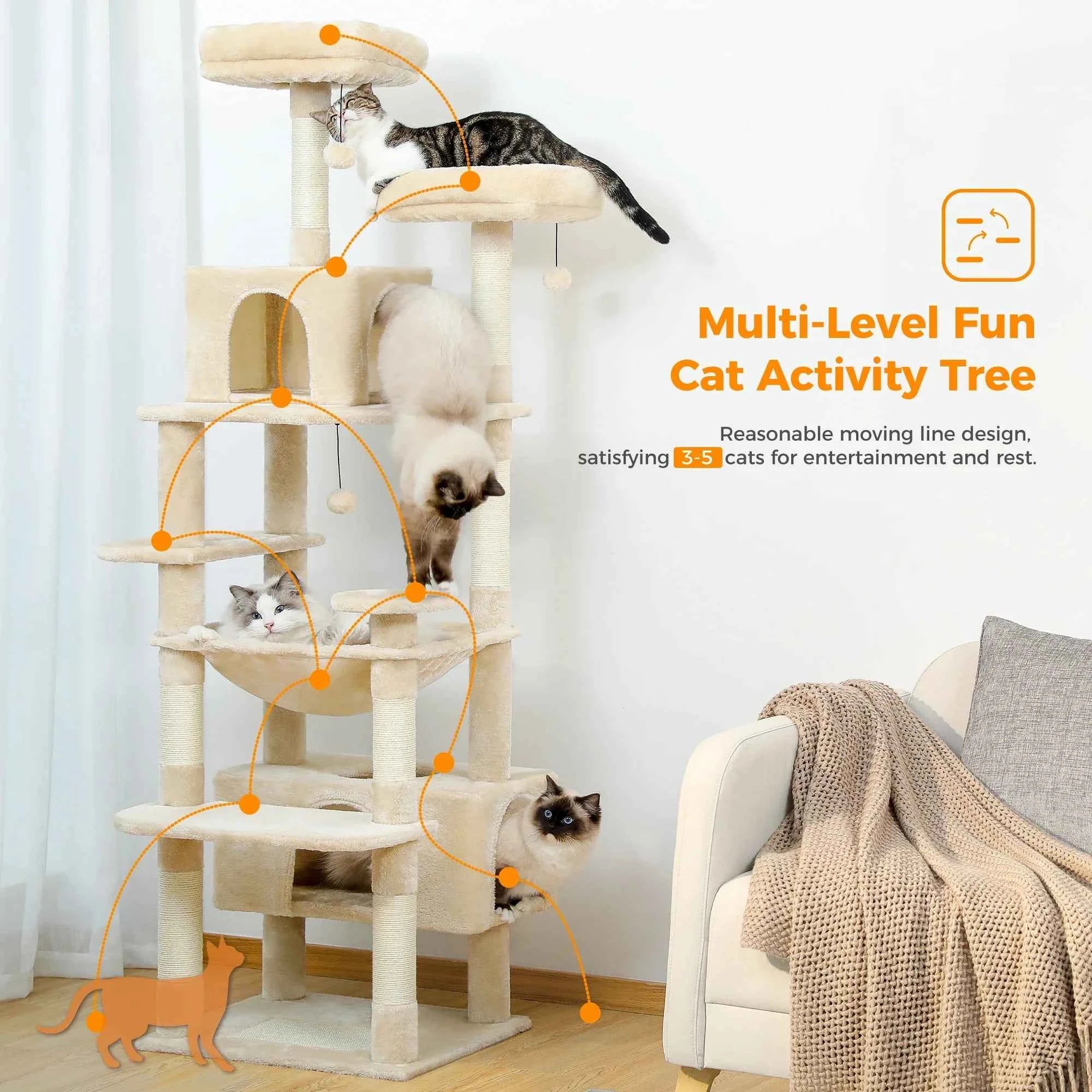 PAWZ Road 72" Large Cat Tree Tower with Hammock and Condo
