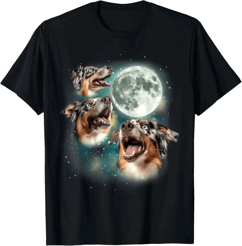 Three Australian Shepherds Howling Moon Graphic T-Shirt Cotton Casual Trip Tee for Men