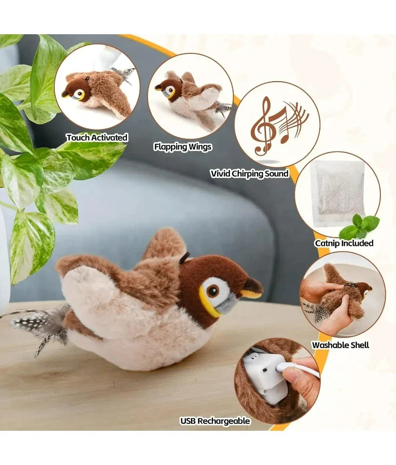 Interactive Cat Toys Rechargeable Flying Bird Cat Toy Chirping Flapping Bird(no Flying) Can Add Catnip Touch Activated Plush Toy