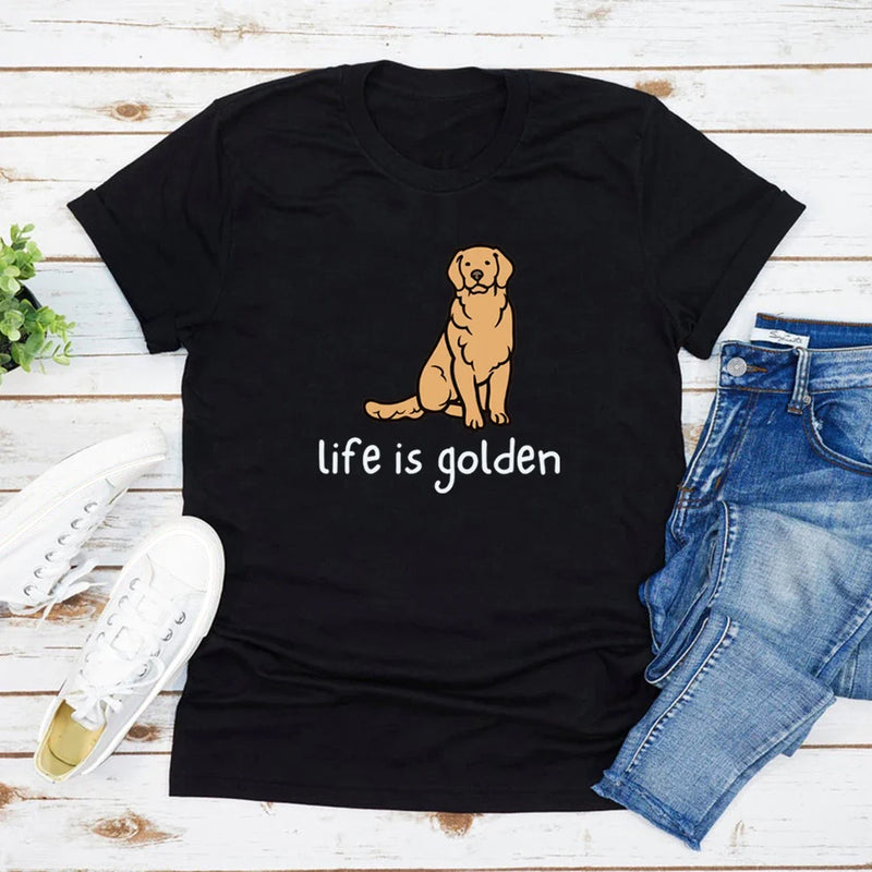 Cute Golden Retriever Dog Mom Tshirt Life Is Golden Shirt O-Neck T-shirts Casual Short Sleeve Tee English Retriever Gift Y2K Top