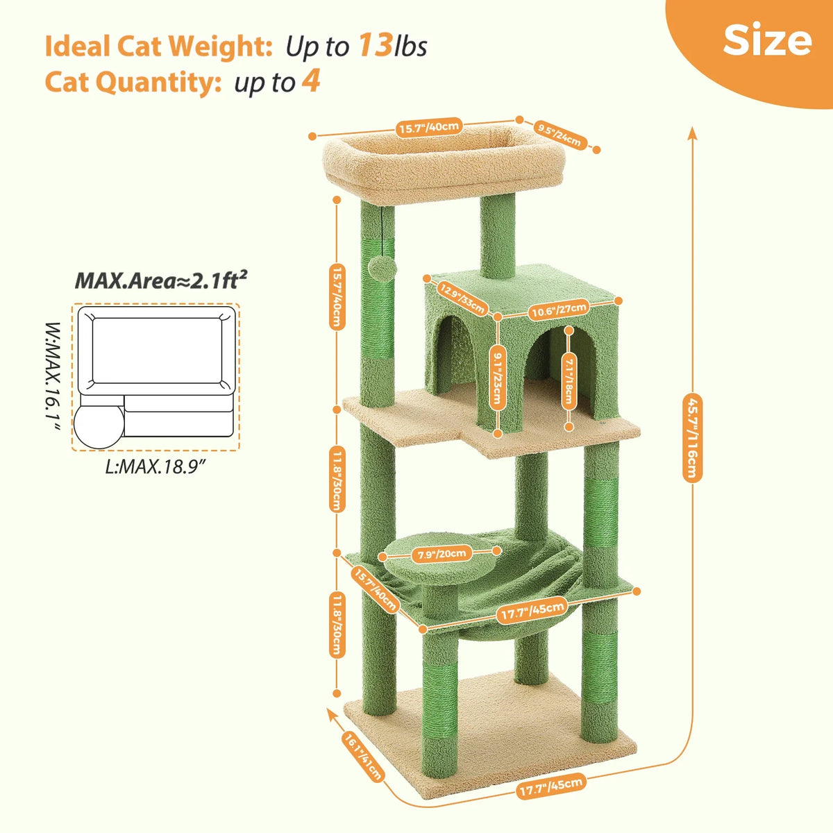 PAWZ Road Cactus Cat Tree Tower for Large Cats - Green 56"