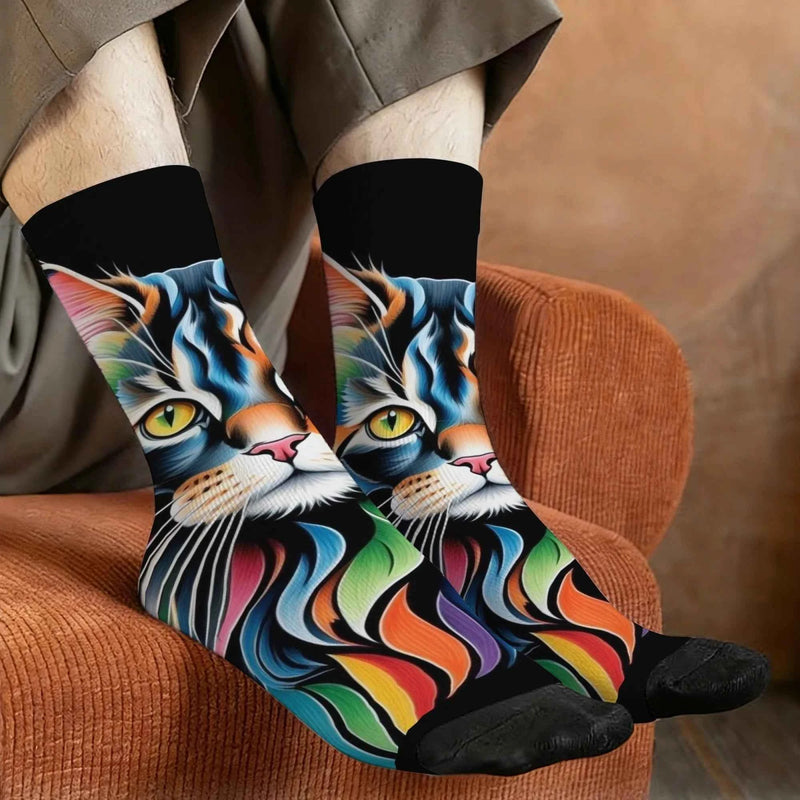 Rainbow Maine Coon Cat Themed Men's Mid-Calf Socks Non-Slip Skin-Friendly Soft Funny Stylish Streetwear Outdoor Skateboard Socks