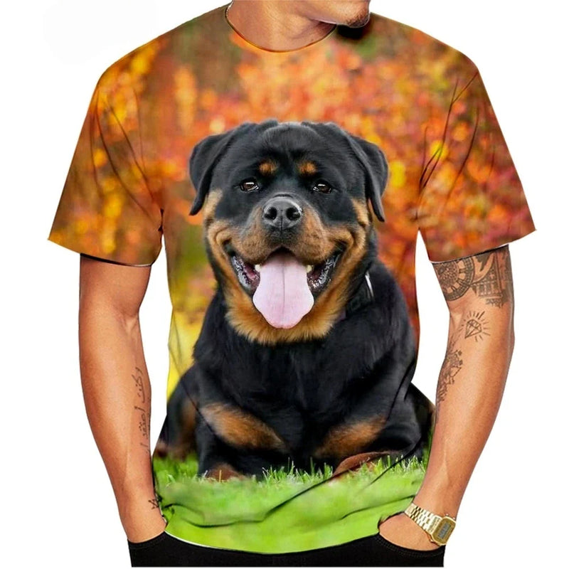 Cute Pet Dog Summer Men's T-Shirt 3D Rottweiler Fashion Print Short Sleeve Outdoor Casual Tee Loose Comfortable Men's Clothing