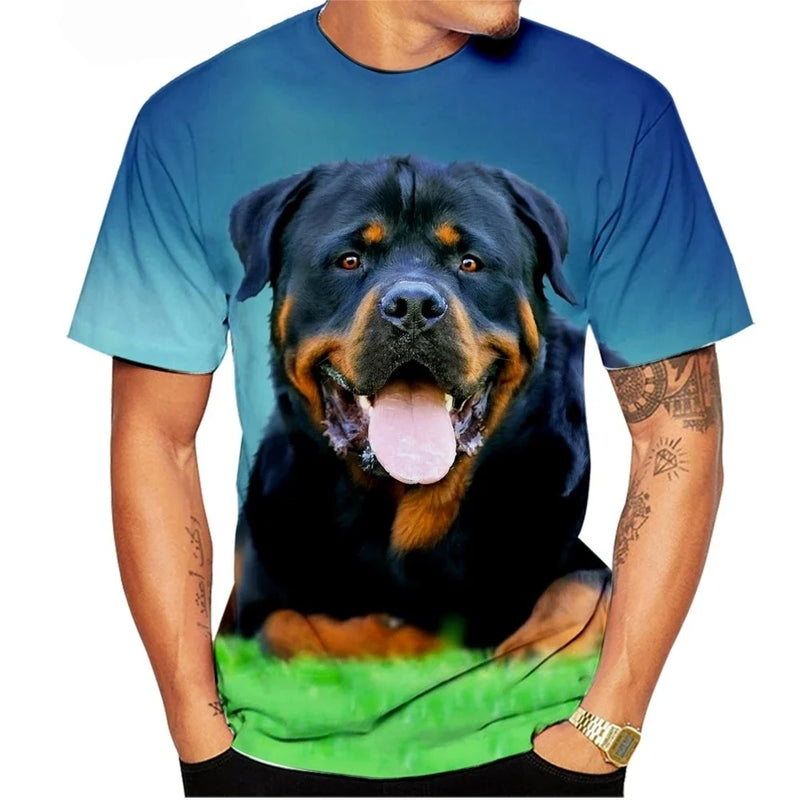 Cute Pet Dog Summer Men's T-Shirt 3D Rottweiler Fashion Print Short Sleeve Outdoor Casual Tee Loose Comfortable Men's Clothing