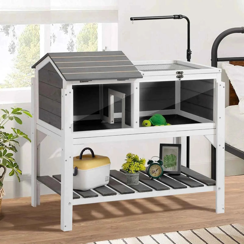 Wooden Tortoise Habitat with Shelf Storage and Adjustable Lamp Holder,Indoor Outdoor Reptile Cage Turtle Enclosure