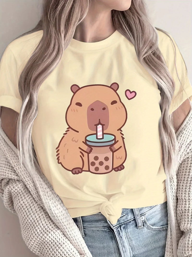 Women's Cute Capybara Boba Tee - Casual Short Sleeve Round Neck Polyester Knit Machine Washable Capybara T Shirt