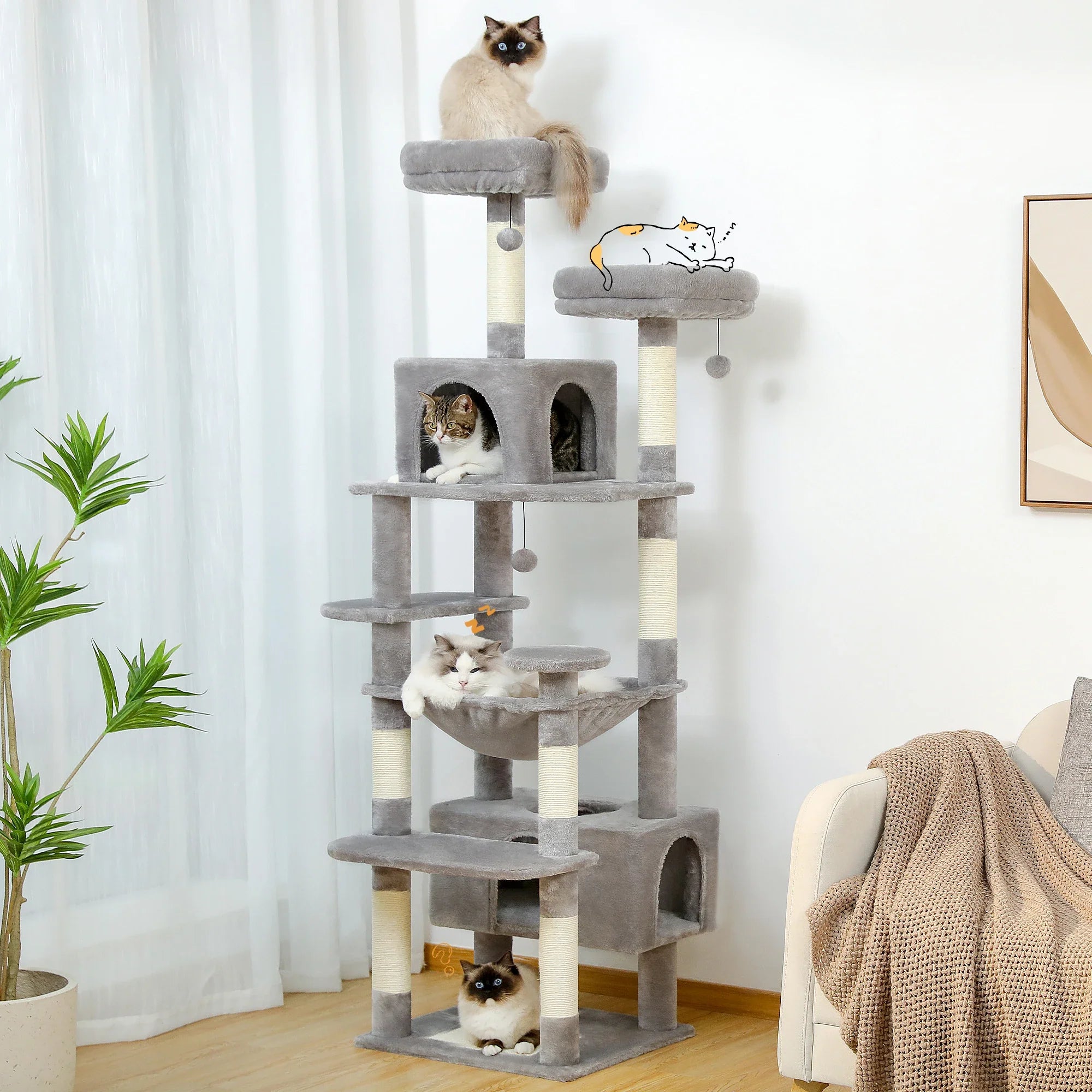 PAWZ Road Large Cat Tree Tower - 72" Multi-Level with Condo Grey